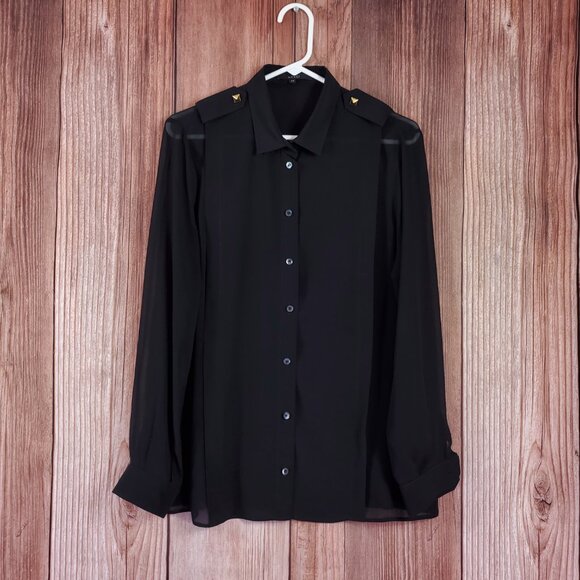 *READ* Gucci Black Sheer Blouse Shirt Studded Epaulets Long Sleeve Button Up - Picture 4 of 16